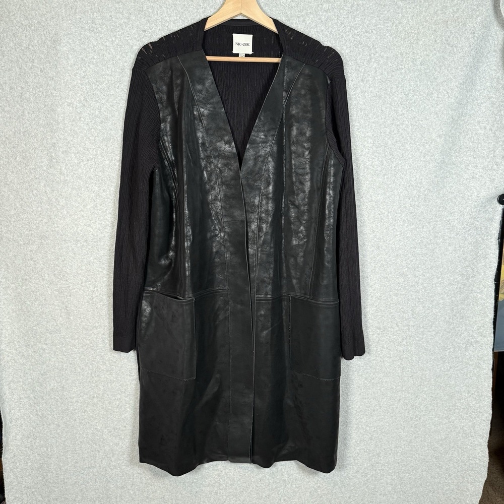 nic and zoe cardigan womens XL black faux leather longline open knit sleeves